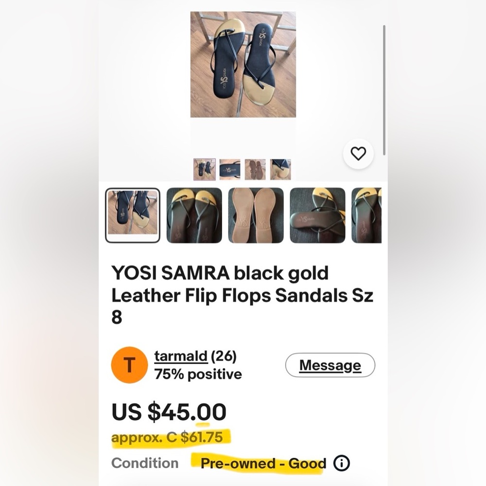 Yosi Samra Black and Gold Leather Sandals Flip-Flops Size 7 - Picture 10 of 11